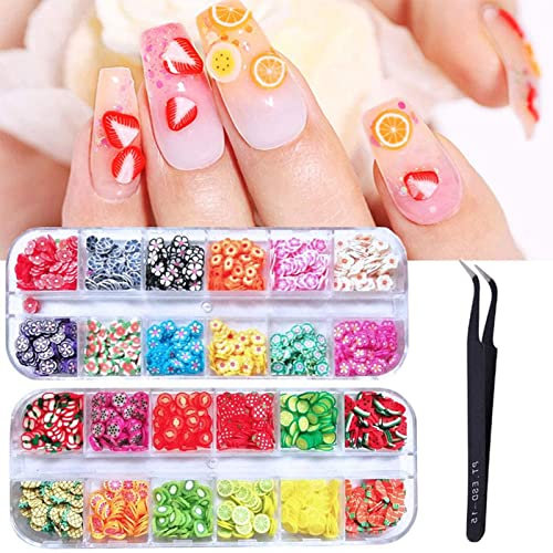 Kalolary 24 Boxes Nail Art Slice, 3D Assorted Fruit Animals Flowers Slices Nail Art Slices Decals Nail Art Marking Tools for Nail Art Decoration