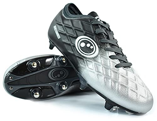 Optimum Junior Ignisio 6-Stud Football Boots | Lace-Up Soccer Cleats | PU Leather Moulded Studs | Comfortable Fit for Grass & Astro Turf - Black/Silver - 5