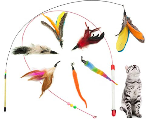 Fashion's Talk Feather Wire Wands Kitten Toys Worm Teaser Wand Cat Toy with Replacement Pack