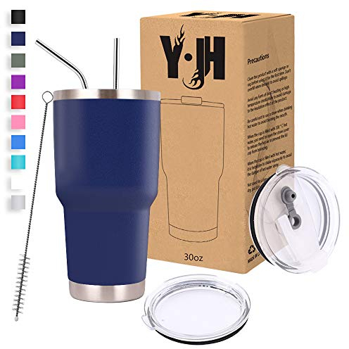 Y·J&H 30oz (850ml) Doppelwandig Vakuum Isolierter Autobecher, Edelstahl Reiseflasche, Thermobecher Kaffee to Go mit 2 Spritzfestem Deckel 2 Strohhalm, Rohrbürste,BPA Free - Navy Blau