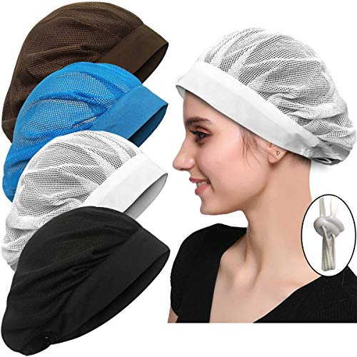 4 oder 8 Stück Kochmütze Küche Kochen Chef Cap Verstellbare Lebensmittel Service Haarnetze Wiederverwendbar Waschbar Netz Bouffant Beanie, 4er-Pack mit Kordelzug, Schwarz, Dunkelblau, Einheitsgröße