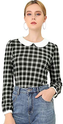 Allegra K Femmes Chemisier Carreaux Contrastés Manches Bouffantes Col Claudine Noir Blanc L