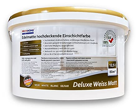 PRO[f]home - Wandfarbe Deluxe Weiss Matt konservierungsmittelfrei Profi-Innenfarbe edelmatte hochdeckene Einschichtfarbe matt weiß 12,5 L 80 qm Profhome