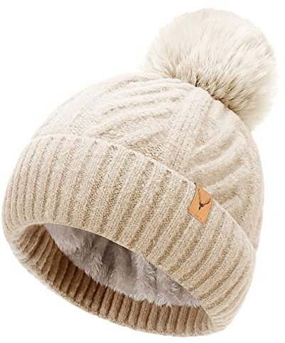 NEOLA Wintermützen für Damen – Fleecegefütterte Beanie-Mütze für Damen, weich und warm, mit Bommel aus Strick und dickem Kunstfell-Bommel für Outdoor-Sportarten und Skifahren