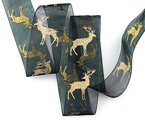 finemark 3 m x 40 mm Chiffonband Hirsch Schwarz Gold Geschenkband glänzend Dekoband transparent Chiffon Schleifenband Stoffband Deko Geschenkverpackung Glitzer Band Herbst Winter Weihnachten Advent