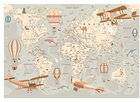 Papel Pintado Infantil Mapa mundi Avión Niño - Impresión de látex - Incluye Pegamento - Fotomurales Pared Tejido No Tejido Decorativos Murales Fotográfico Moderno Decoración de Paredes (312x219 cm)