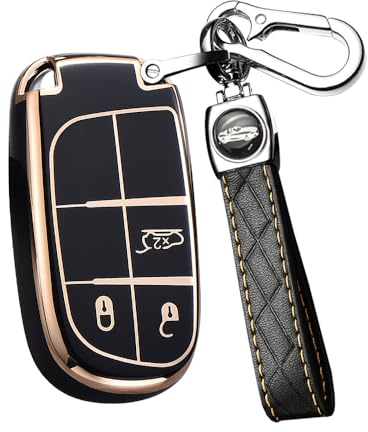 ontto Autoschlüssel Hülle mit Schlüsselanhänger Passt für FIAT 500X Jeep Renegade Grand Cherokee Dodge Journey Charger Chrysler 200 300 300C Fernbedienung Cover TPU Schutzhülle Schlüsseletui-Schwarz