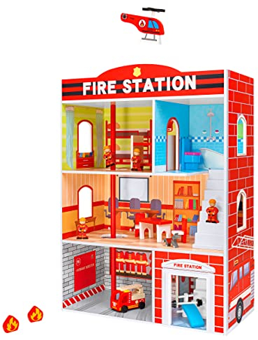 SirWood Globo Giocattoli - Feuerwehrstation aus Holz, 3 Etagen, mit Männern und Zubehör 15 Stück - 39960, Mehrfarbig