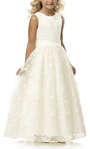Aibaowedding Boho A-Linie Kommunionkleid Mädchen Spitze mit Satin Gürtel | Spitzenkleid mit floraler Stickerei, Rundhalsausschnitt und Satin-Gürtel, Kommunion und Blumenmädchenkleid für Mädchen