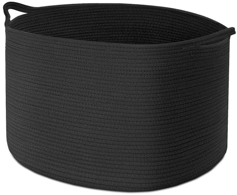 Maliton Aufbewahrungskorb, Wäschekorb für Kleidung, Bettwäsche, D50 x H33 CM Faltbarer Wäschekorb mit 4 Taschen, Baumwoll Wäschekorb Kinderzimmer, Wohnzimmer, Laundry Baskets mit Griffen- Schwarz