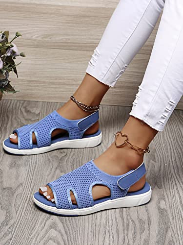 HIONRE Nu Pieds en Cuir PU avec Confortable Sandales,Sandales respirantes grande taille, chaussures plates décontractées pour femmes, bleu B, 39,Basic Sandales Bout Ouvert Femme