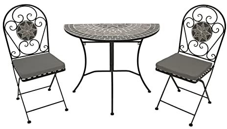 DEGAMO Balkonset Siena 3-teilig, 2X Klappstuhl und 1x Tisch 45x90cm halbrund, Eisen schwarz mit Mosaik Dekor grau/Weiss, mit Polstern grau