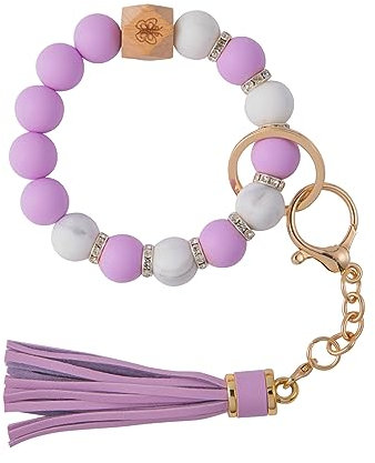 LMWKUN Silikon-Schlüsselanhänger, Perlenarmband, Schlüsselanhänger, Perlen-Schlüsselanhänger mit Lederquaste für Frauen, Lavendelfarbener lila und weißer Marmor mit glänzendem Ornament, Large
