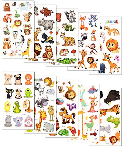 10 Adesivi Animali per Bambini - Tatuaggi Temporanei Impermeabili - Decorazione Del Partito Non Stimolante
