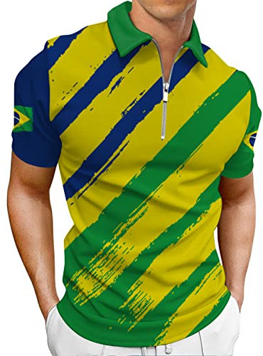 Hodaweisolp Polo da golf da uomo a maniche corte con cerniera casual slim fit stampato, Z-world Cup-brasile 01, XL