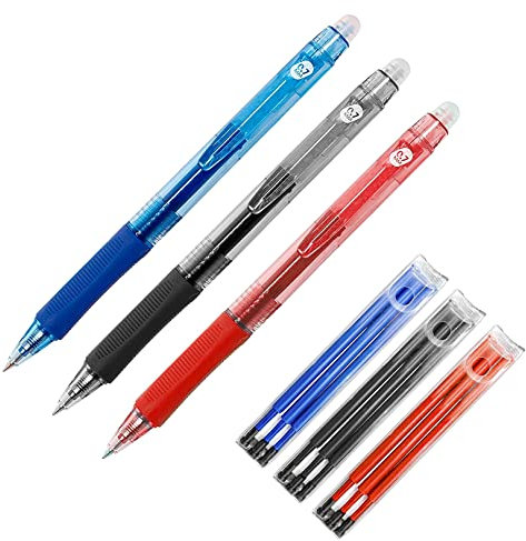 RAYLU PAPER Radierbarer Kugelschreiber, einziehbar, Geltinte, Blau, Rot, Schwarz, 1 mm Spitze und 0,7 mm Strichbreite (3 Farben + Ersatzteile)