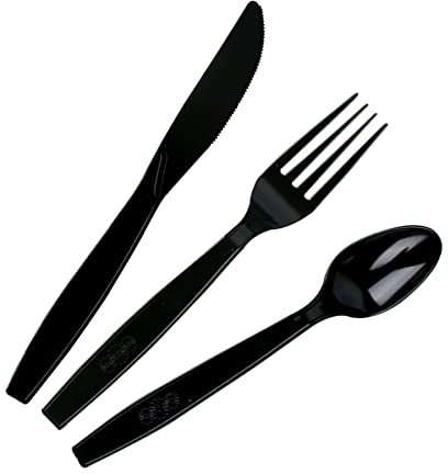 150 Stück PlastikBesteck Set,Wiederverwendbaren Schwarz Plastik Knife Fork Spoon set enthalten 50 PlastikMesser 50Plastikgabeln 50PlastikLöffel