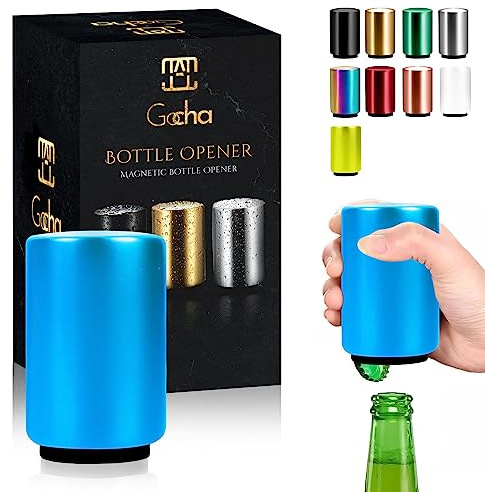 GOCHA | Magnetic Beer Bottle Opener with Automatic Cap Catcher – Stainless Steel Push-Down Gadget, One-Hand Bar Tool for Beer & Soda Bottles (Blue)