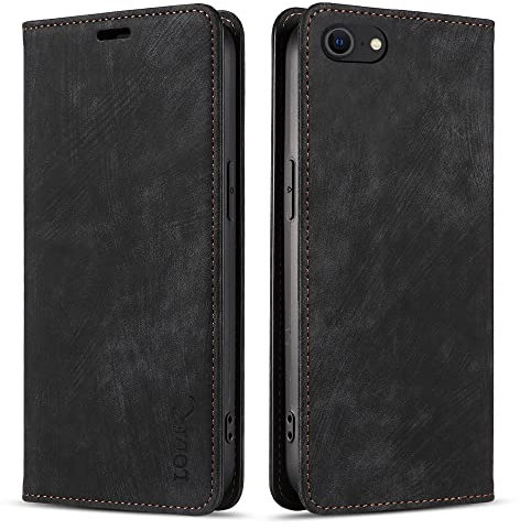LOLFZ Wallet Case for iPhone SE 2022 iPhone SE 2020 iPhone 7 iPhone 8, Premium Slim Flip PU Leather Case with Card Slots Stand Function Built-in Magnet Shockproof Phone Cover - Black