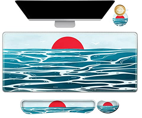 ARTSO Tapis de souris de jeu avec support de poignet XXL Grand tapis de bureau + support de poignet pour clavier + repose-poignet + dessous de verre ergonomique 4 en 1 pour la maison et le bureau –