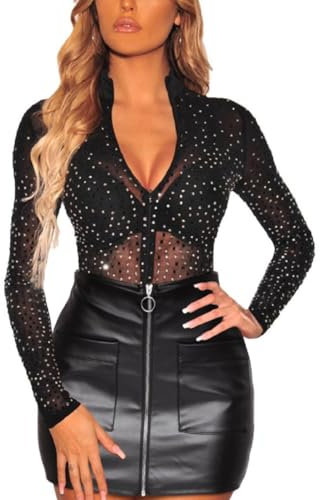 SEBOWEL Women Glitter Sheer Mesh Top Rhinestone Long Sleeve See Through Tops Black S