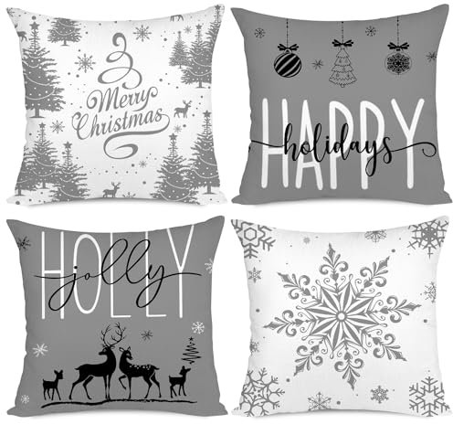 Miaikoe Grau Weihnachten Kissenbezüge 50x50 Set von 4 Weihnachtsdekorationen Glückliche Feiertage Holly Jolly Schneeflocke Frohe Weihnachten Dekor Wurf Kissenbezug für Home Couch Sofa Deco