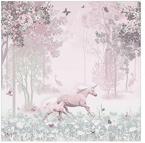 Bilderwelten Fototapete Kinderzimmer Einhorn auf Blumenwiese in Rosa 192 x 192 cm Vlies-Tapete XXL Smart Wandtapete Wanddekoration Kindertapete