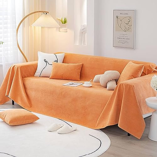 Mesnt Sofabezug 4 Sitzer Big Sofa, Orange Couchschutz für Haustiere Einfarbig aus Chenille, 180x380cm
