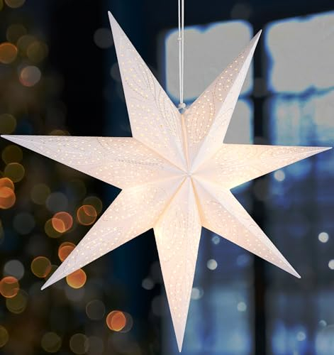 BRUBAKER 60 cm Papier Weihnachtsstern zum Aufhängen - Fenster Adventsstern - 3D Papierstern mit E14 Fassung - Hängende Weihnachtsdeko Leuchtstern mit 3,5 m Kabel - Weiß
