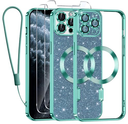 Kokio Funda Glitter Magnética para iPhone 11 Pro MAX con Cuerda [Compatible con MagSafe] Brillante Silicona Funda para iPhone 11 Pro MAX con 2 Piezas Cristal Templado Anti-Choque Carcasa, Verde