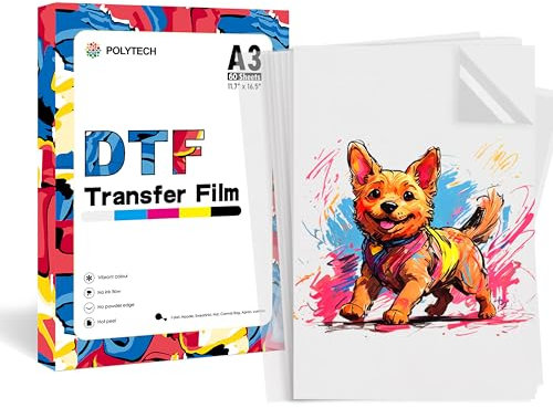 POLYTECH DTF Transferfolie, A3, 60 Blatt, 27,9 x 43,2 cm, PET-Folie, Wärmetransferpapier, doppelmatt, direkt auf Folie, Epson Drucker ET-8550, ET8500, XP15000, L1800, für DIY-T-Shirt-Transfers