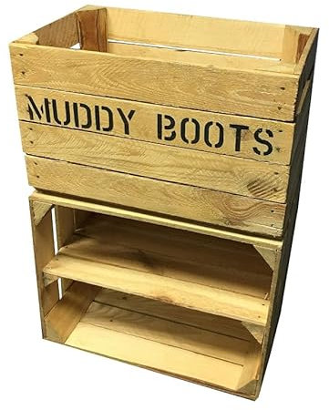 Wellie Boot Rack & Shoe Rack - Rustic Wooden Storage Box - Custom Muddy Boots Stenciled