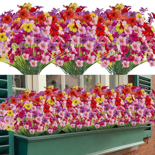 12 Bundles Outdoor Artificial Flowers Plants, 6 Colors Indoor Decorative Fake Flowers for Home Garden Wall Wedding Party, Outdoor UV Resistant Plants for Outside Planter Window Box (Multicolor)