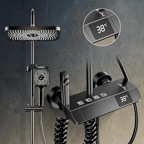 Sistema de Ducha Termostato, Columna Ducha Grifo Bano Alcachofa De Duchas Conjunto Griferia Con 4 Funciones Ducha Con LED Pantalla Digital De Mano, Ducha Bidé, Grifo De Bañera Conjunto De Ducha