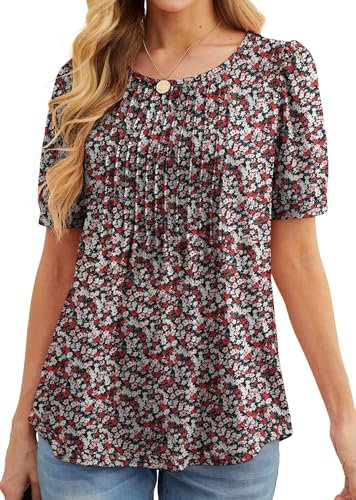 GRECERELLE Womens Summer Tops Casual Dressy Soft Short Sleeve Tunic Front Pleated Spring Crew Neck Tees T-Shirts Loose Blouse for Ladies (Black + Red Flower, L)