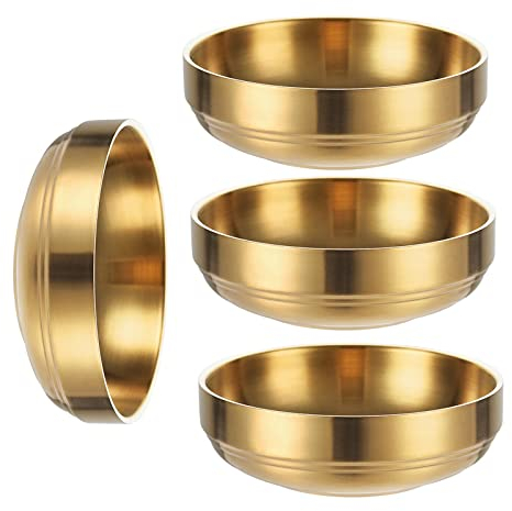 Sicheii 4 Pack Gold Stainless Steel Soy Sauce Dish, Double Deck Dipping Pinch Bowls, Small Condiment Seasoning Dip Bowls, Mini Metal Ramekins Cups for French Fries Spice Sushi Serving, 6 oz