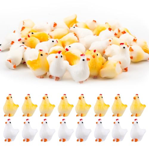 PEUTIER 40 Stück Miniatur Hühner Figuren, 2 Farben Kleine Harzhühner Miniaturtiere Modell Mini Küken Ornament Spielzeug Kunstharz Henne Dekoration für Geburtstagsparty, Landschaft, Topfpflanzen