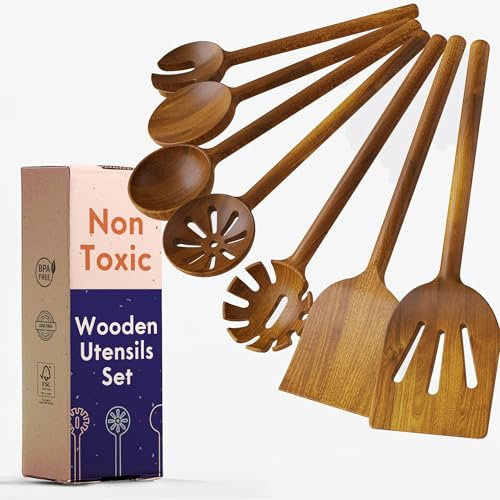 Set de Utensilios de Cocina de Madera No Tóxicos – Juego de 7 Piezas sin Pegamentos, Utensilios de Cocina en una Sola Pieza con Acabado Vegetal, Libres de Químicos Eternos - Ziruma
