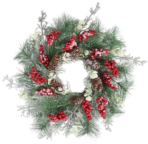 Enyhom Ghirlanda natalizia per porta d'ingresso, 50 cm, ghirlanda natalizia con pigne rosse artificiali, per porte e finestre, decorazione invernale con aghi di pino da appendere per casa, porte,
