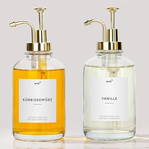 Winter Shore Distributeur Sirop Cafe en Verre avec Étiquettes (Lot de 2) - Doseur Sirop & Liquide Simple - Distributeur Sirop Pompe pour Café - Bouteille Sirop en Verre pour Coin Café
