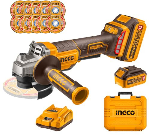 INGCO 20V Meuleuse d'angle Sans Fil 115mm, Moteur Sans Balais, 8000 tr/min, Interrupteur Double Sécurité, avec 1 Batterie 4.0Ah, 1 Chargeur Rapide pour Couper, Polir et Aiguiser CAGLI2111561