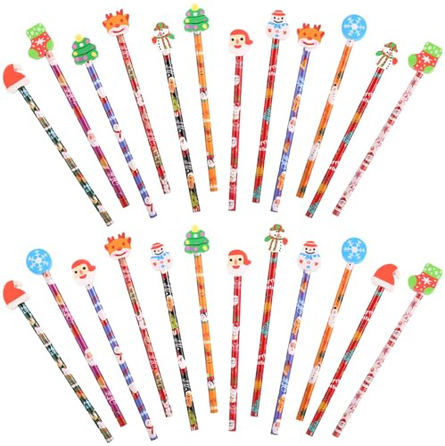 24 Set Bleistifte Radiergummi Weihnachten für Weihnachtskalender Füllung | 12 Motive Schreibstifte, 8 Motive Radiergummi, Adventskalender zum Befüllen
