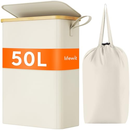 Lifewit 50L Slim Laundry Basket with Lid, Foldable Laundry Hamper Drity Clothes Washing Basket Toys Towels Storage with Bamboo Handle, Removable Inner Bag for Bedroom Bathroom, White