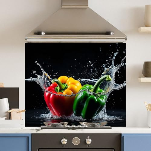 Toughened 6mm Glass Kitchen Splashback 90 x 65cm Pepper Splash - Polished Edge Heat Resistant Back Splash for Cookers Hob
