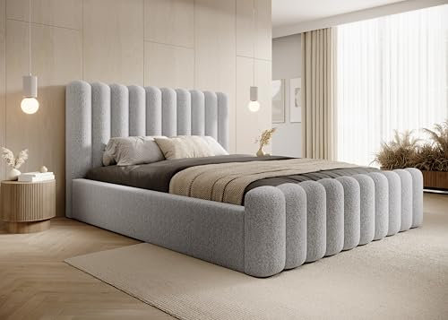 DomoHome- Modernes Polsterbett Mona VII – Komfortables Bettgestell Mit Hochwertigem Polsterstoff, Stauraum Und Dekorativem Halbwalzen-Design Für Jedes Zimmer 160x200 cm, Farbe: Esche