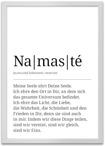 ARTFAVES® Poster Definition Namasté | Worterklärung Duden Lexikon Wanddeko Wandbild Spruch als Geschenk | mit Rahmen Holz Weiss | 21 x 30 cm
