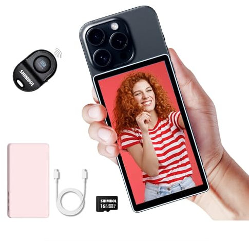 Snambol CP5 5 Écran Tactile Caméra arrière Moniteur Selfie Coque en Alliage iPhone Mini Moniteurs pour iPhone Téléphone Android Vlogging avec étui Rose en Silicone magnétique, télécommande Bluetooth