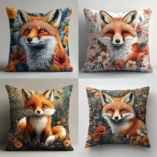 4er Set Kissenbezug 40x40cm Fuchs Bezug Couchkissen Modern Sofakissen Dekorative Kissenhüllen Weich Zierkissen Aesthetic Deko Kissen für Schlafzimmer Wohnzimmer Sofa Couch Auto, Weihnachten N3017