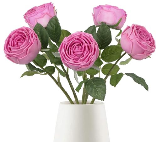 INSUNSIX Rosas artificiales de color rosa intenso, 5 unidades de rosas de tacto real, flores fucsia, rosas artificiales realistas para ramo de boda, flores para centros de mesa florales, decoración