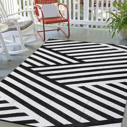 Generisch Outdoor Teppich Wetterfest schwarz und weiß 120x180cm Outdoor Teppich für Patio Reversible RV Camping Matte Kunststoff Stroh Teppiche für Balkon Picknick Deck, inkl. Tragetasche